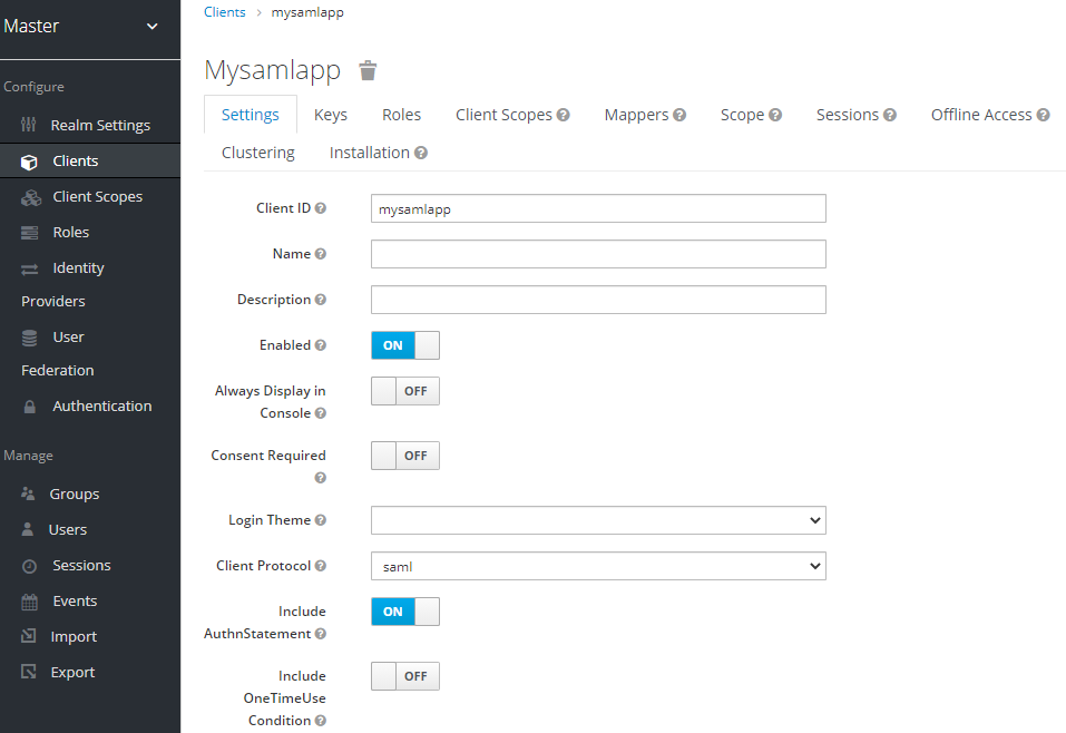 client settings saml